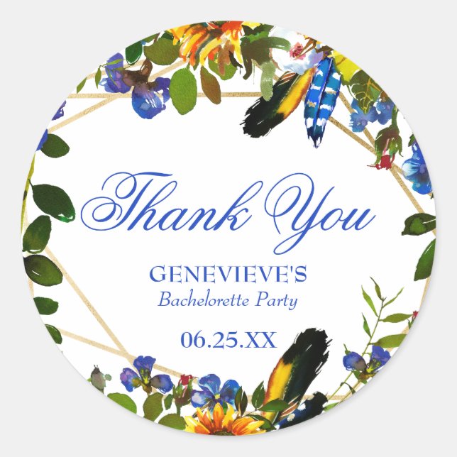 Sticker Rond Elégant Blue Boho Floral Bachelorette Party Merci (Devant)
