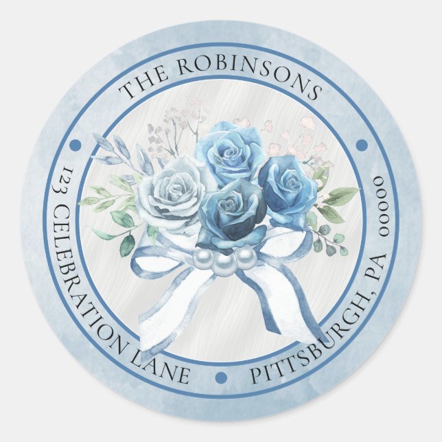 Sticker Rond Elégant Blue Floral Circle Adresse de retour (Devant)
