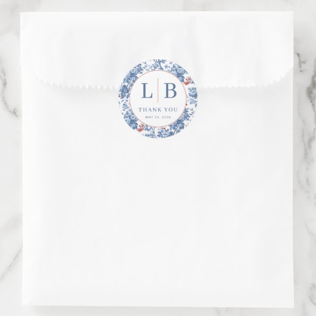 Sticker Rond Elegant Blue Floral Initials (Sac)
