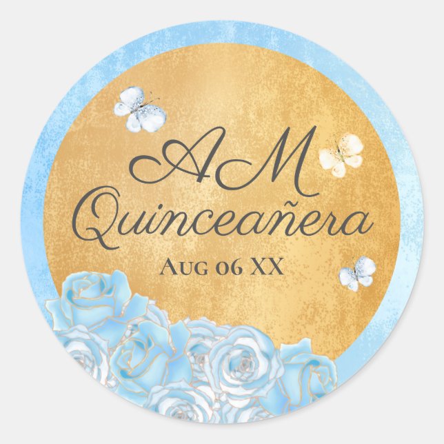 Sticker Rond Élégant Blue Gold Roses papillons Quinceañera (Devant)