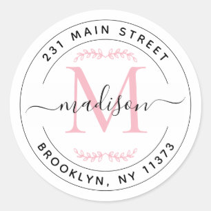 Sticker Rond Élégant Blush Pink Monogram Wreath Adresse de reto