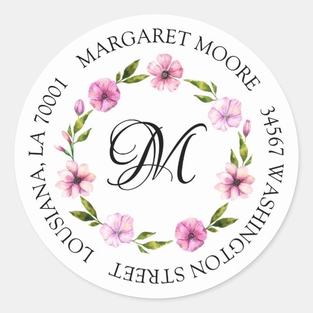 Sticker Rond Élégant Blush rose floral Script Monogramme Adress (Devant)