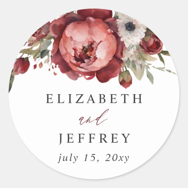 Sticker Rond Élégant Boho Bourgogne Blush Floral Mariage (Devant)