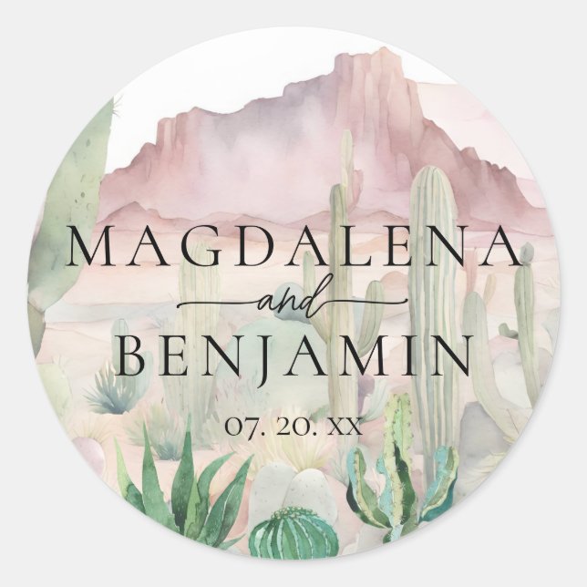 Sticker Rond Elégant Boho Desert Paysage Cactus Mariage (Devant)