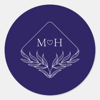 Sticker Rond Élégant Boho Leaf Monogramme Mariage bleu foncé