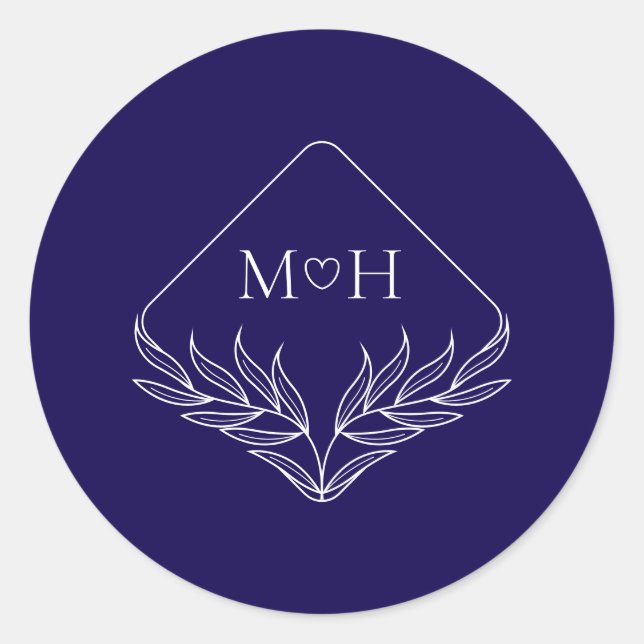 Sticker Rond Élégant Boho Leaf Monogramme Mariage bleu foncé (Devant)