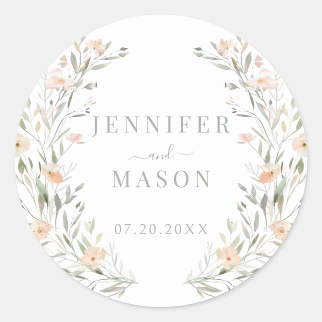 Sticker Rond Élégant Boho Pastel rose Mariage de couronne de fl (Devant)