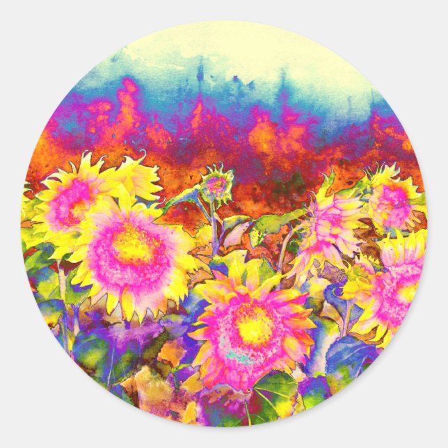 Sticker Rond Elégant boho retro aquarelle de tournesol champs (Devant)