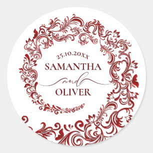 Sticker Rond Élégant Bold Red Mariage damassé