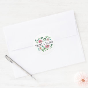 Sticker Rond Élégant Botanique Vert & rose Floral