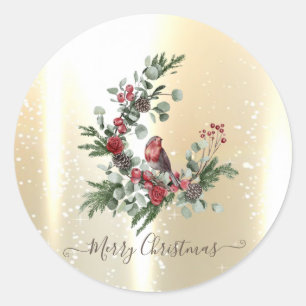 Sticker Rond Elégant brillant Faux Gold, Wreath Red Cardinal