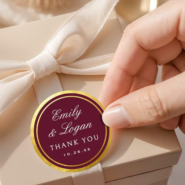 Sticker Rond Elegant Burgundy Gold Border Wedding (Créateur téléchargé)