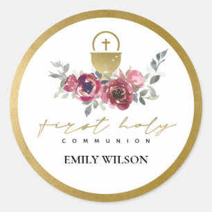 STICKER ROND ÉLÉGANT BURGUNDY GOLD FLORAL PREMIER SAINT COMMUNI