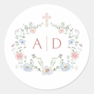 Sticker Rond Élégant cadre floral Monogrammes Mariages religieu