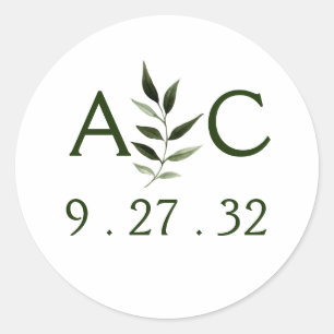 Sticker Rond Élégant Cadres minimaux Feuille vert Olive Initial
