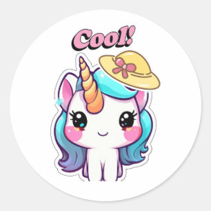 Sticker Rond Élégant Carton Unicorne Cute Avec Grand Sourire