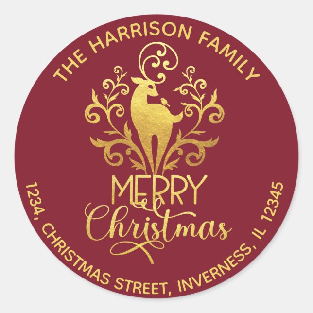 Sticker Rond Elégant Cerf Or Joyeux Noël Adresse Rouge (Devant)