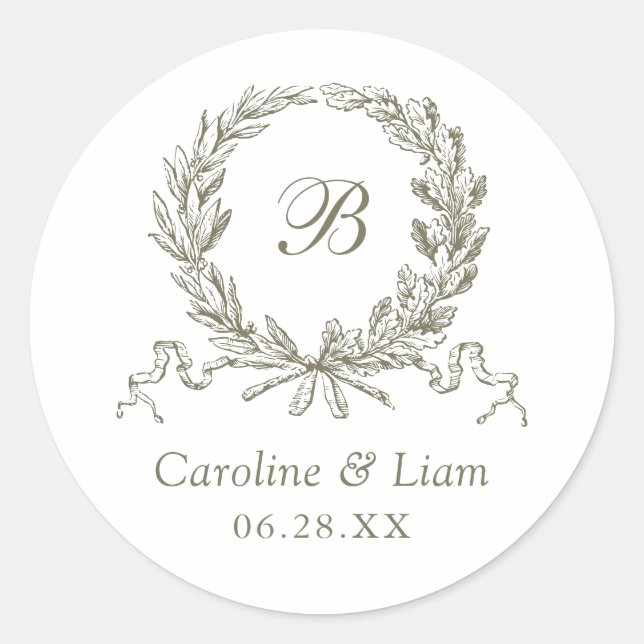 Sticker Rond Élégant chêne d'Olive Mariage Monogramme (Devant)