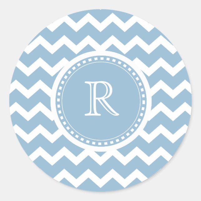 Sticker Rond Elégant Chevron Light Aqua Green Monogramme (Devant)