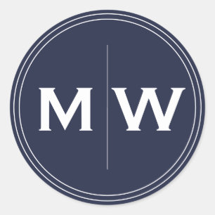 Sticker Rond Elégant Chic Navy Cercle Bleu Deux Monogrammes Ini