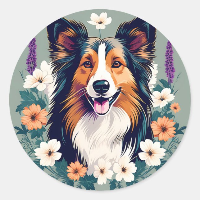 Sticker Rond Elégant Chien de Shetland avec Floral (Devant)