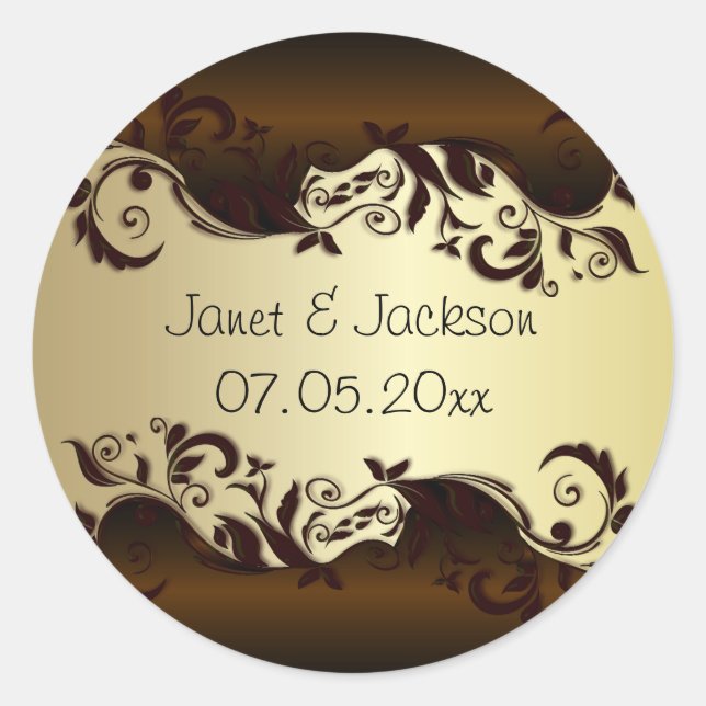 Sticker Rond Élégant Chocolat Brown et or Mariage floral (Devant)