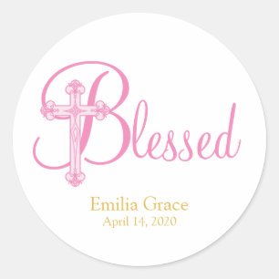 Sticker Rond élégant CHRISTENING ou croix d'or rose BAPTISM