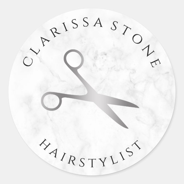 Sticker Rond Elégant ciseaux de marbre blanc et argent coiffeus (Devant)