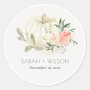 Sticker Rond Elégant Citrouille blanc doux Blush Mariage Floral
