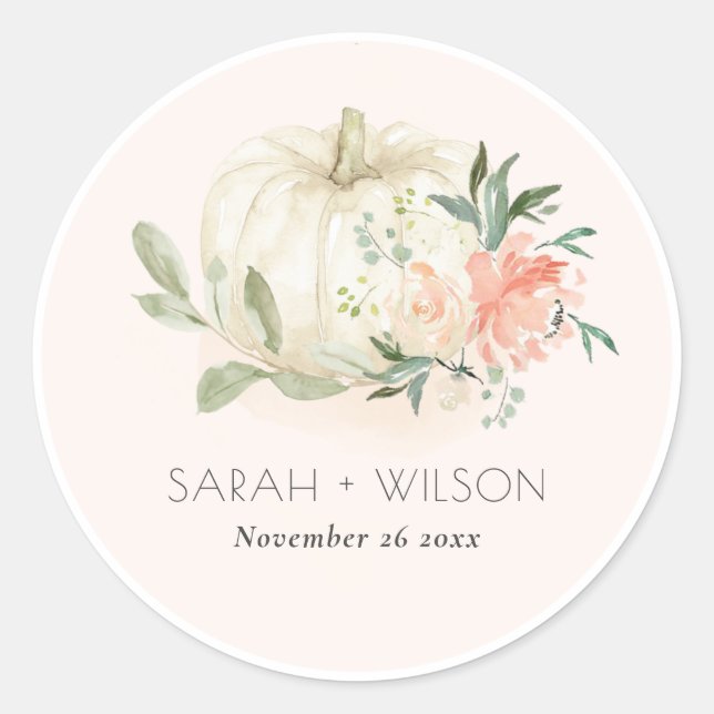 Sticker Rond Élégant Citrouille blanc doux Mariage floral (Devant)