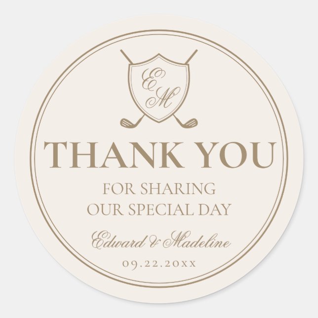 Sticker Rond Élégant Classic Crest Monogram Mariage de golf (Devant)