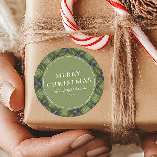 Sticker Rond Élégant classique Vert Plaid Joyeux Noël