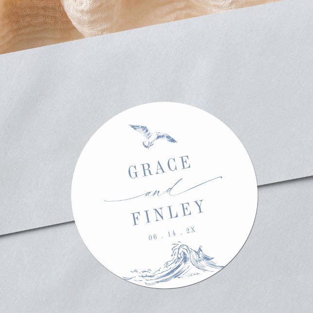 Sticker Rond Elegant Coastal Chic Blue Seaside Wedding (Créateur téléchargé)