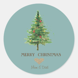 Sticker Rond Elégant Coeur d'or, Aquarelle Arbre de Noël