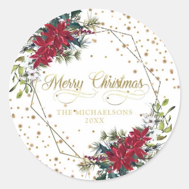 Sticker Rond Élégant Confetti en or Poinsettia de Noël (Devant)