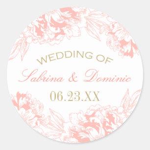 Sticker Rond Élégant Coral Or Floral Peony Mariage Monogramme