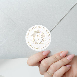 Sticker Rond Élégant Crête Dorée Adresse de Retour de Mariage