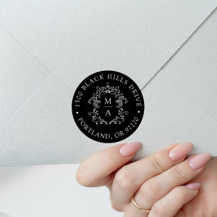 Sticker Rond Élégant Crête Noir Adresse de Retour de Mariage