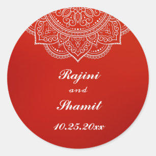 Sticker Rond Élégant Crimson Blanc Indien Mariage Paisley