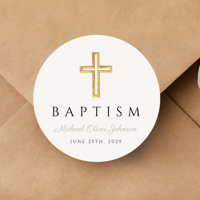 Sticker Rond Élégant Croix Religieuse Sage Vert Script Baptême (Elegant Religious Cross Sage Green Script Baptism Classic Round Sticker)