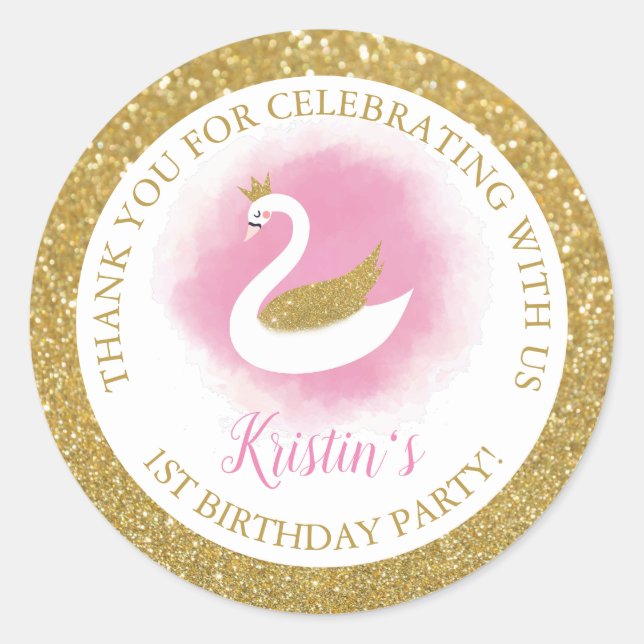 Sticker Rond Elégant cygne rose or princesse fille Anniversaire (Devant)
