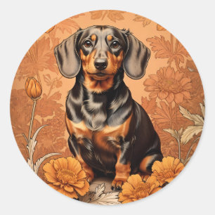 Sticker Rond Elégant Dachshund Et Marigolds