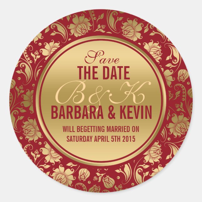 Sticker Rond Élégant Damas florales de Bourgogne et d'or (Devant)