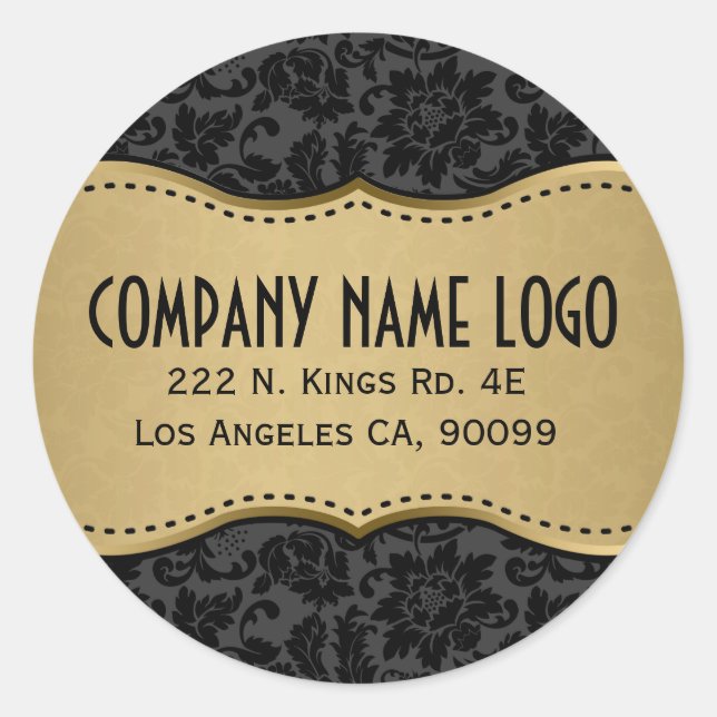 Sticker Rond Élégant Damas Noir Et Or (Devant)