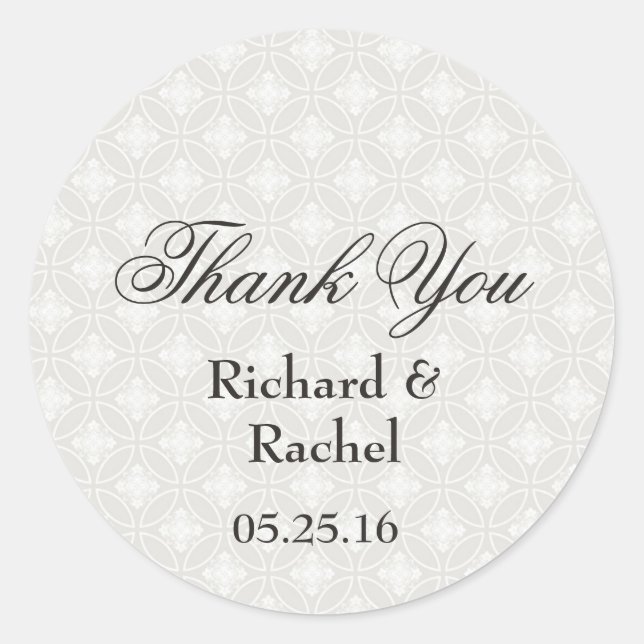 Sticker Rond Elégant Damask argent et Merci blanc (Devant)