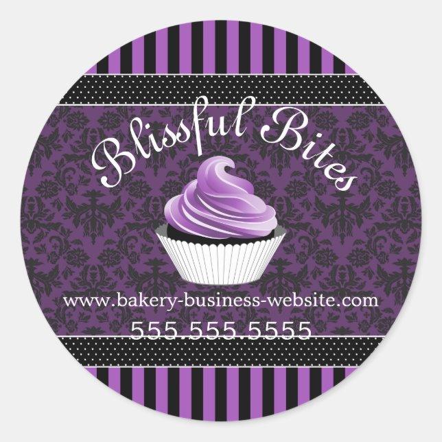Sticker Rond Elégant Damask Purple Cupcake Boulangerie Couvercl (Devant)