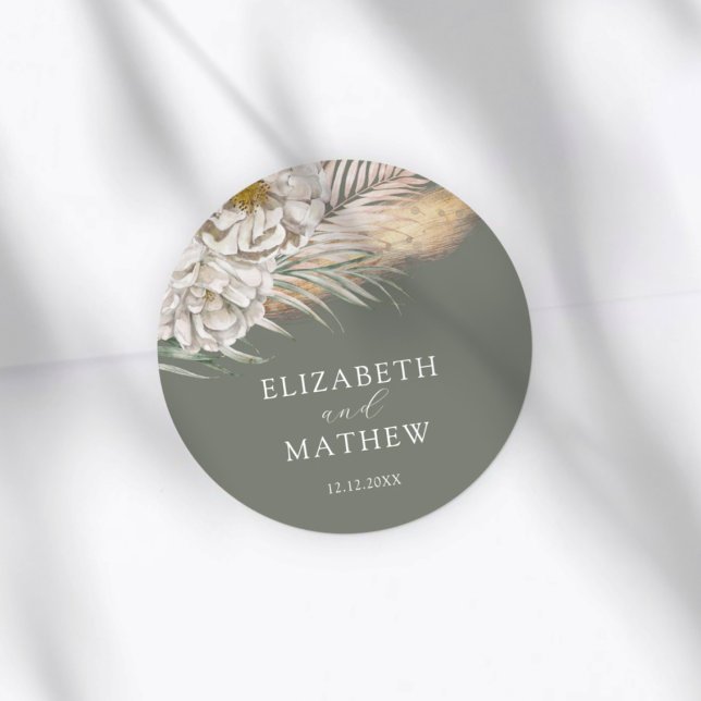 Sticker Rond Elegant Dark Sage Pampas Grass Wedding (Créateur téléchargé)