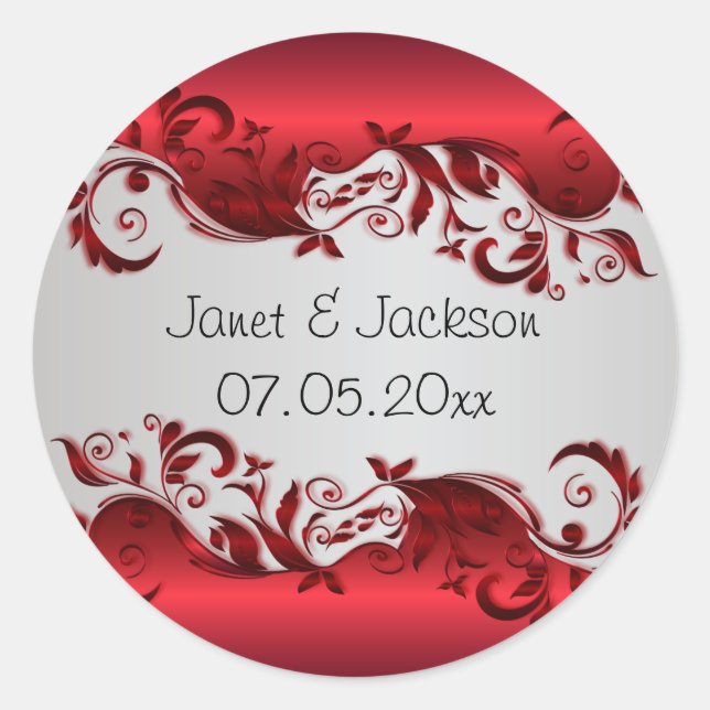 Sticker Rond Elégant design Mariage rouge et argent (Devant)