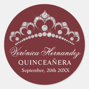 Sticker Rond Élégant Diadème Bourgogne Quinceañera Quince