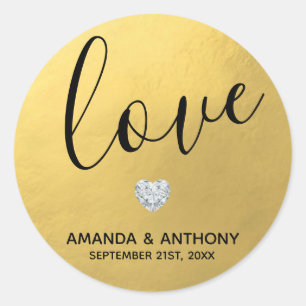 Sticker Rond Elégant Diamond Heart LOVE Gold Foil Mariage Seals